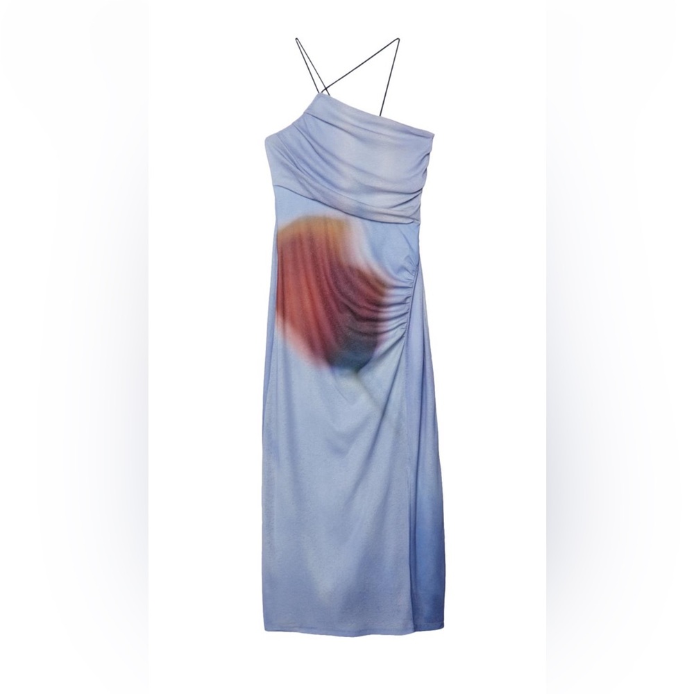 Stradivarius asymmetrical neck abstract print midi dress